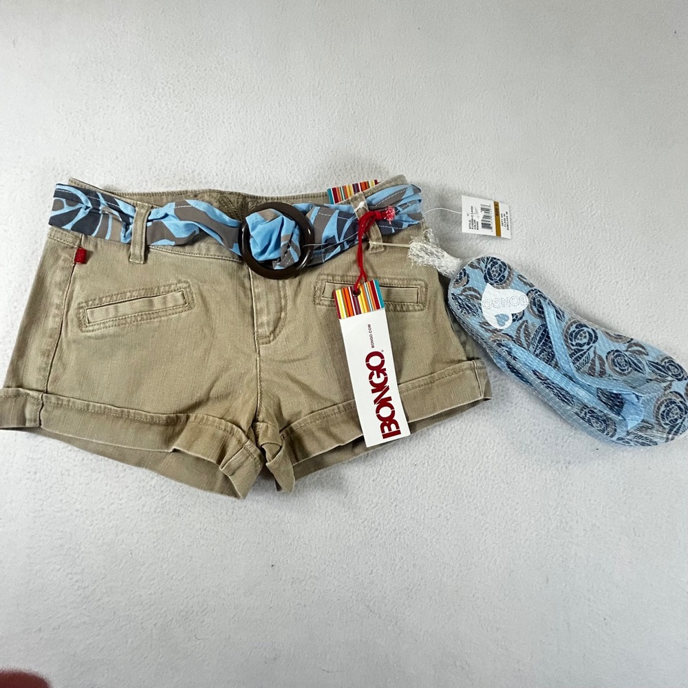 Bongo JR Girls Khaki Cotton Blend Shorts with Belt Size 3 and Sandals NWT